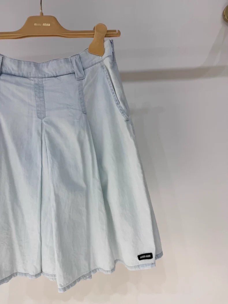 Miu miu Chambray Light Blue Distressed Denim Midi Skirt - Image 2
