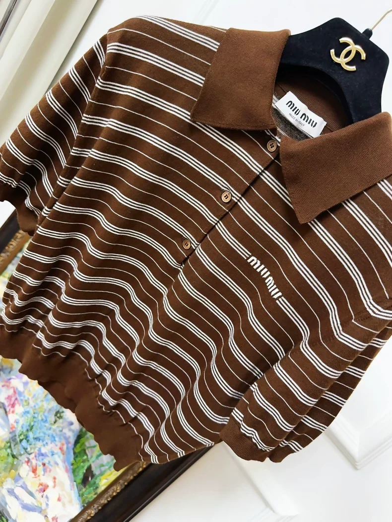 MiuMiu Brown Striped Polo T-Shirt - Image 2