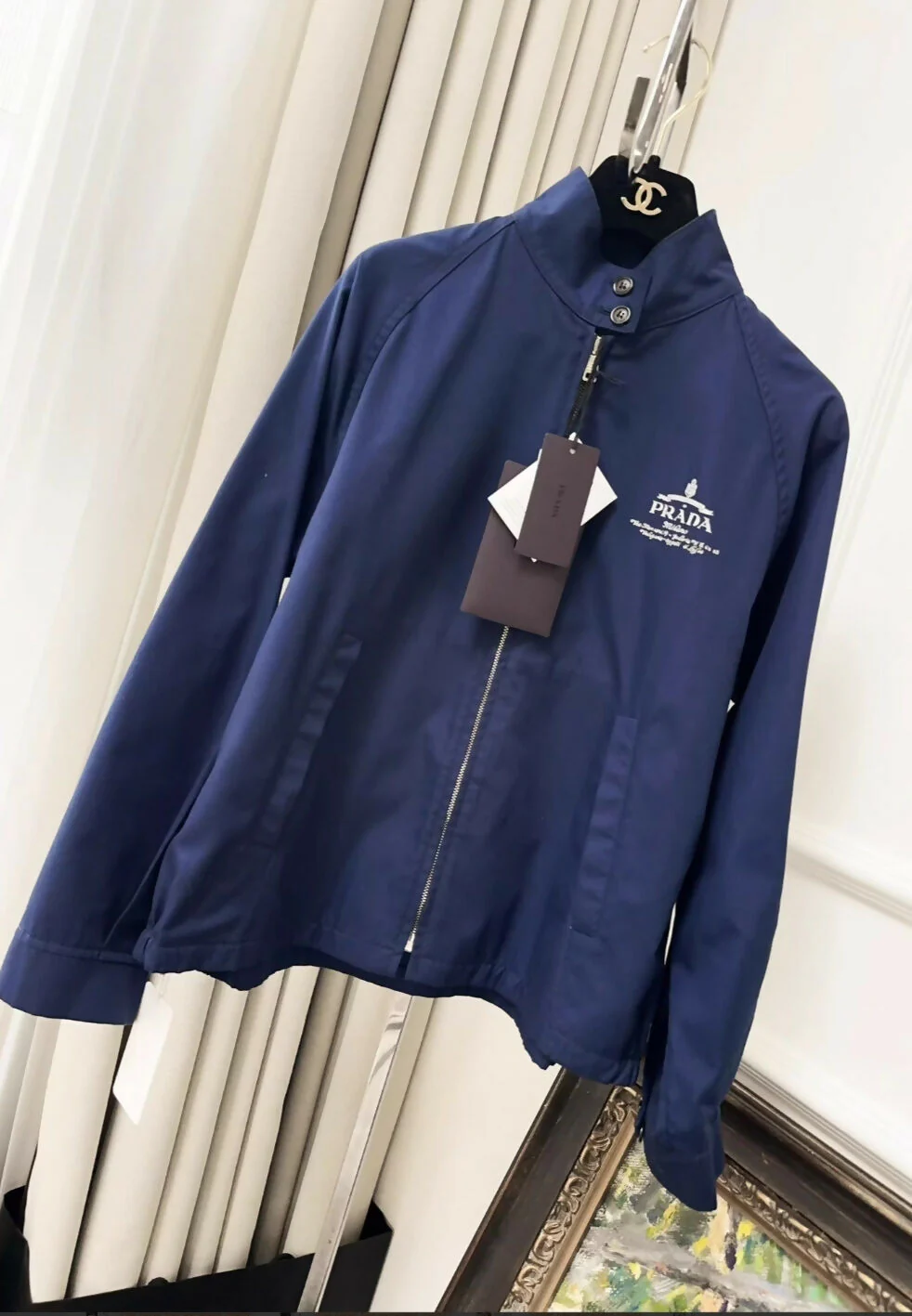 Prada dark blue & white printed logo jacket