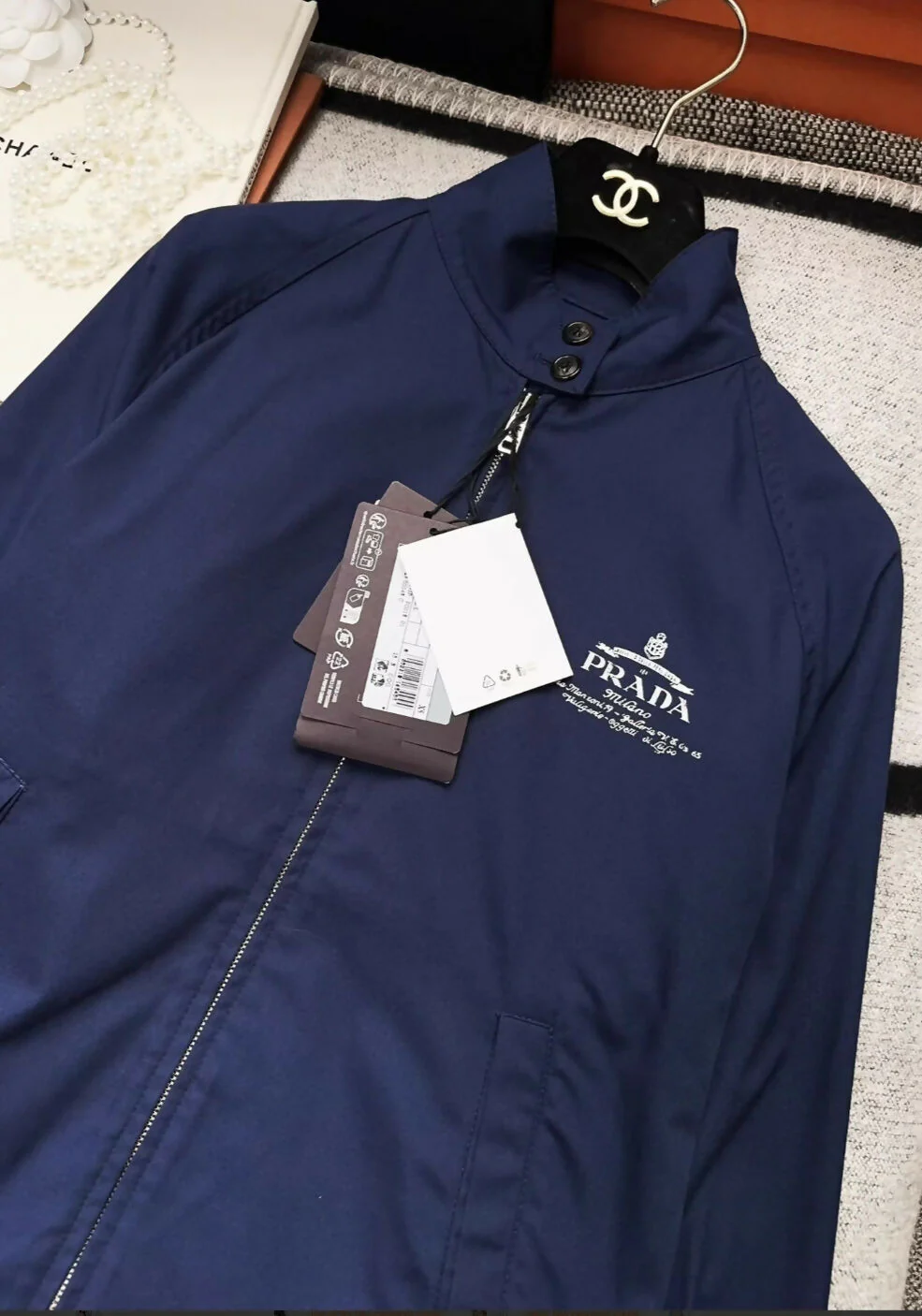 Prada dark blue & white printed logo jacket - Image 3