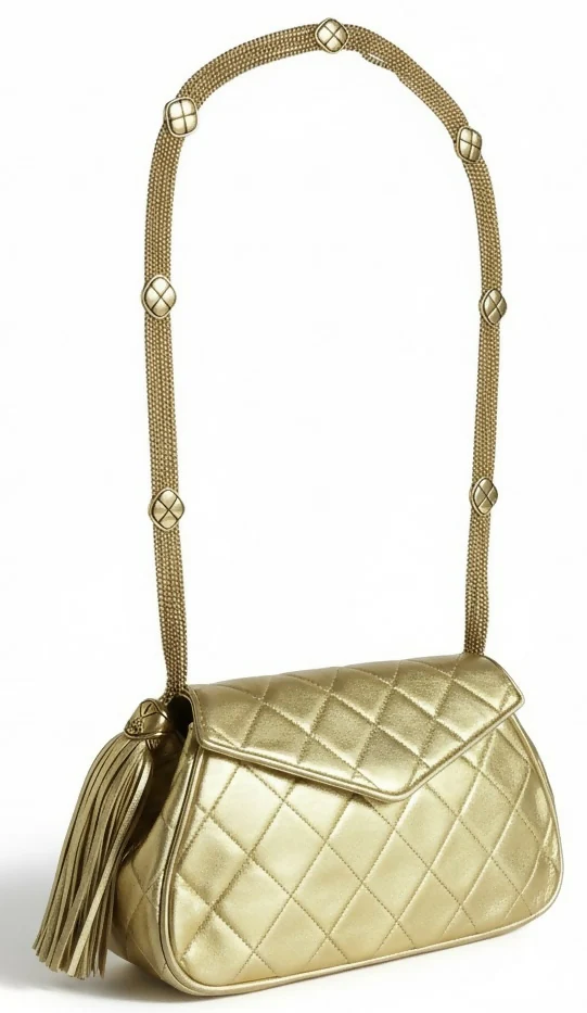 Rare 90’s Chanel Vintage Gold Quilted Lambskin Leather Multi Chain Jewelry Tassel Bag - Image 4