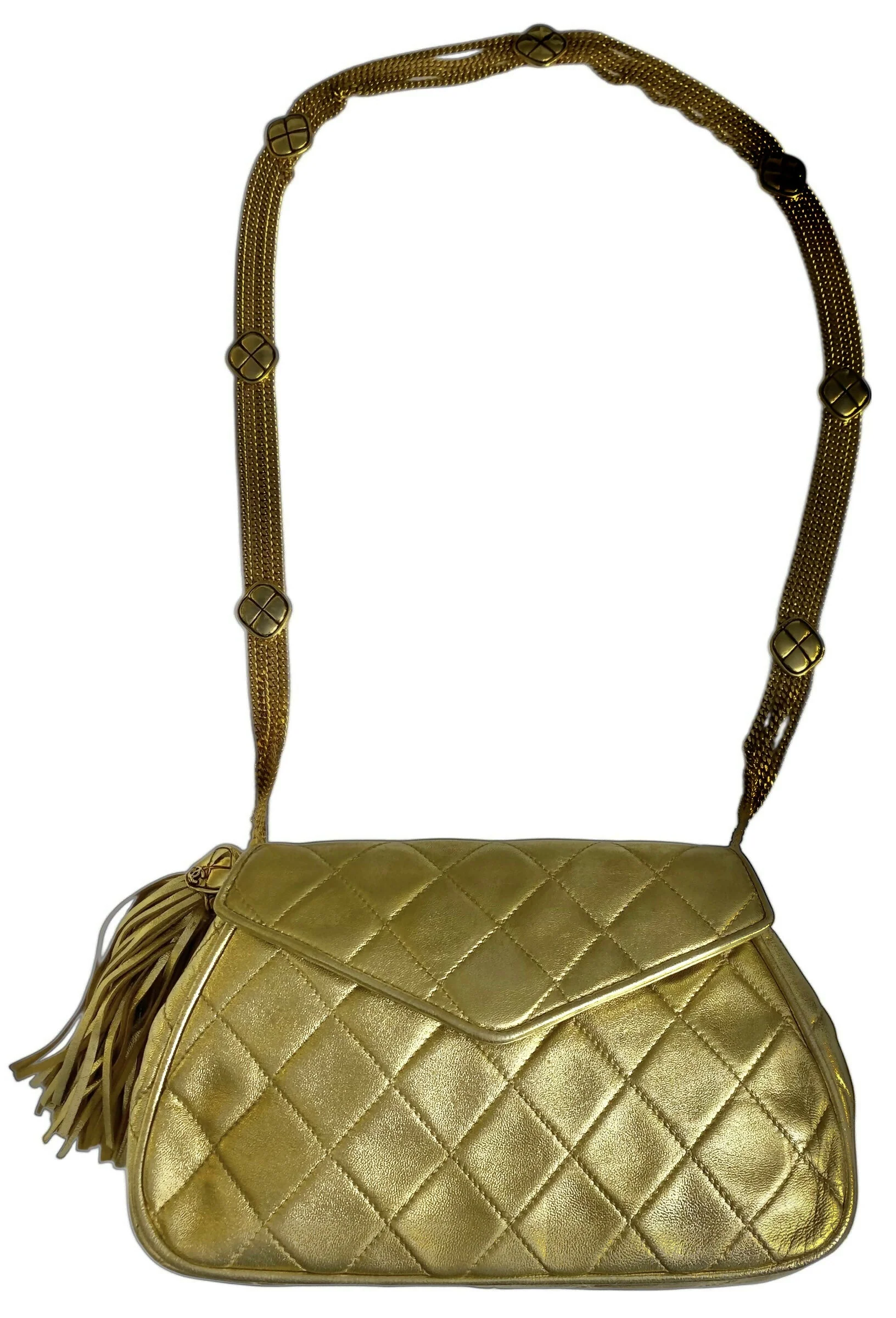 Rare 90’s Chanel Vintage Gold Quilted Lambskin Leather Multi Chain Jewelry Tassel Bag - Image 5