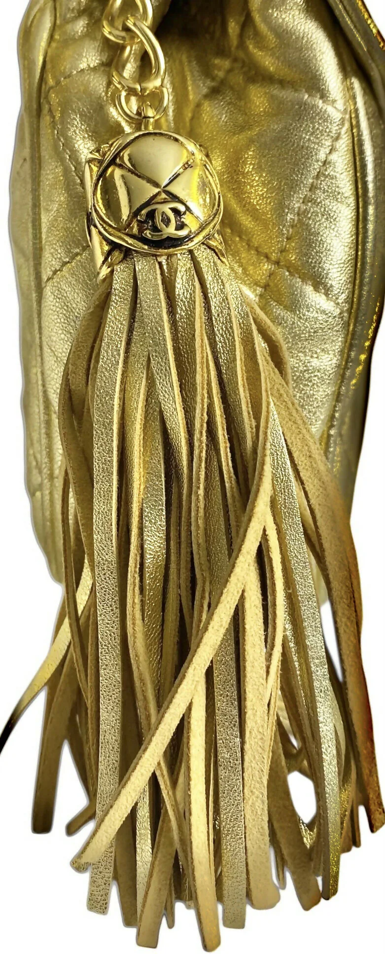 Rare 90’s Chanel Vintage Gold Quilted Lambskin Leather Multi Chain Jewelry Tassel Bag - Image 6