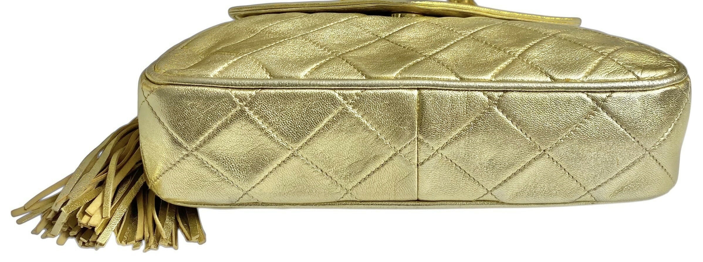 Rare 90’s Chanel Vintage Gold Quilted Lambskin Leather Multi Chain Jewelry Tassel Bag - Image 8