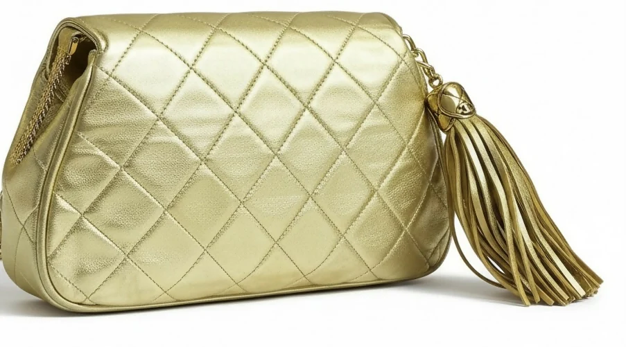 Rare 90’s Chanel Vintage Gold Quilted Lambskin Leather Multi Chain Jewelry Tassel Bag - Image 9