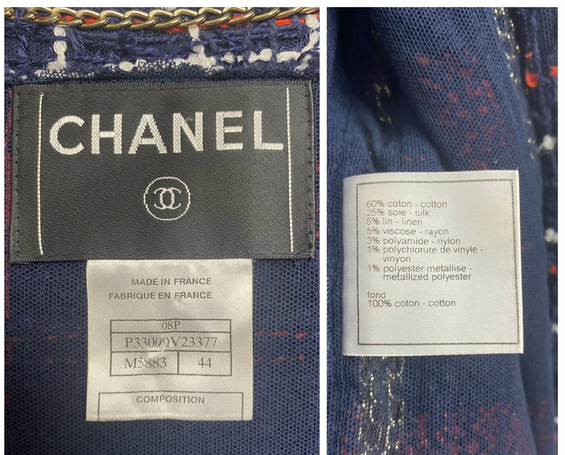 RARE CHANEL 08P RUNWAY BLUE RED GOLD CC CHAINS TWEED JACKET FR 44 - Image 10