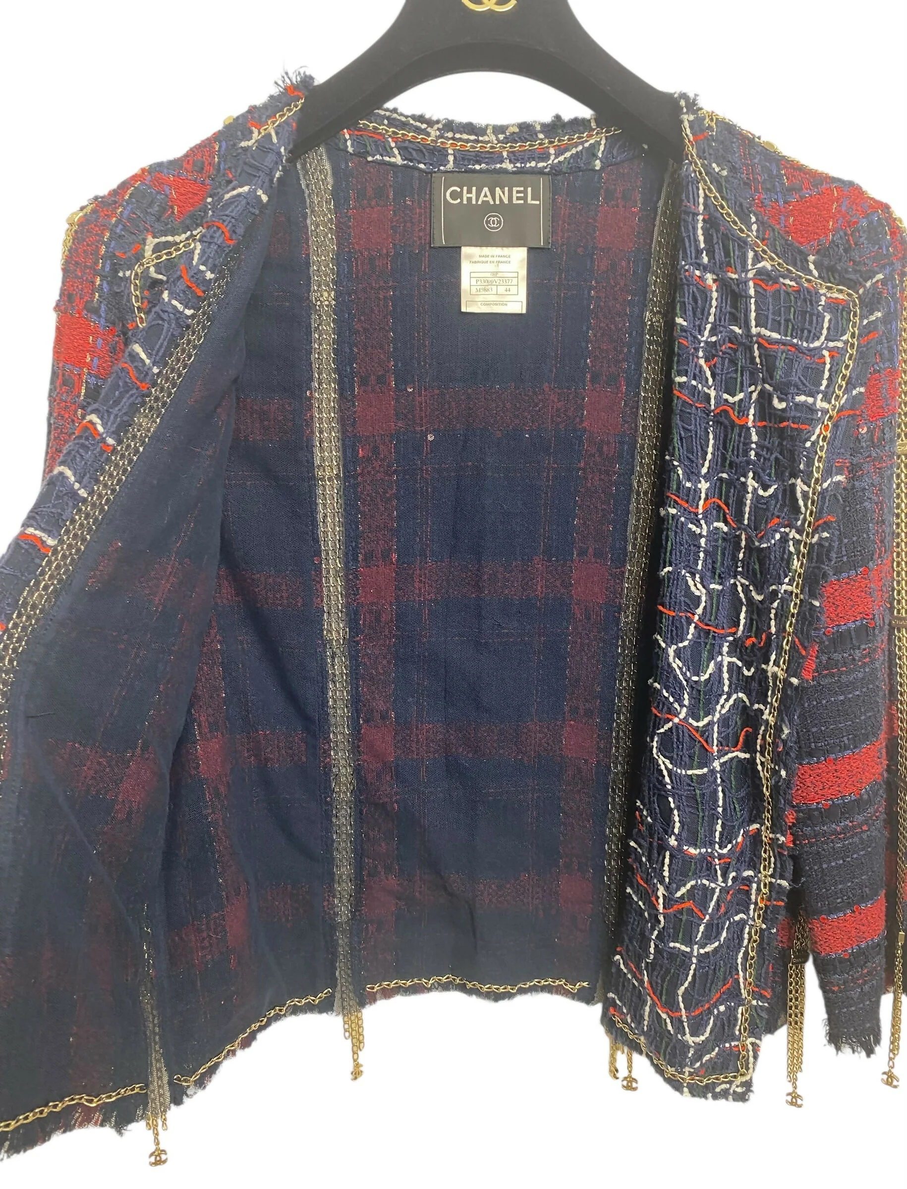 RARE CHANEL 08P RUNWAY BLUE RED GOLD CC CHAINS TWEED JACKET FR 44 - Image 4