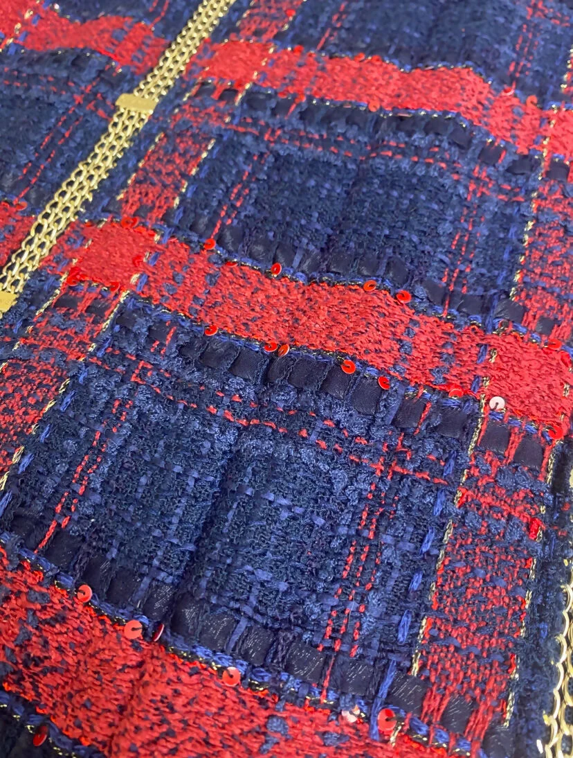 RARE CHANEL 08P RUNWAY BLUE RED GOLD CC CHAINS TWEED JACKET FR 44 - Image 7