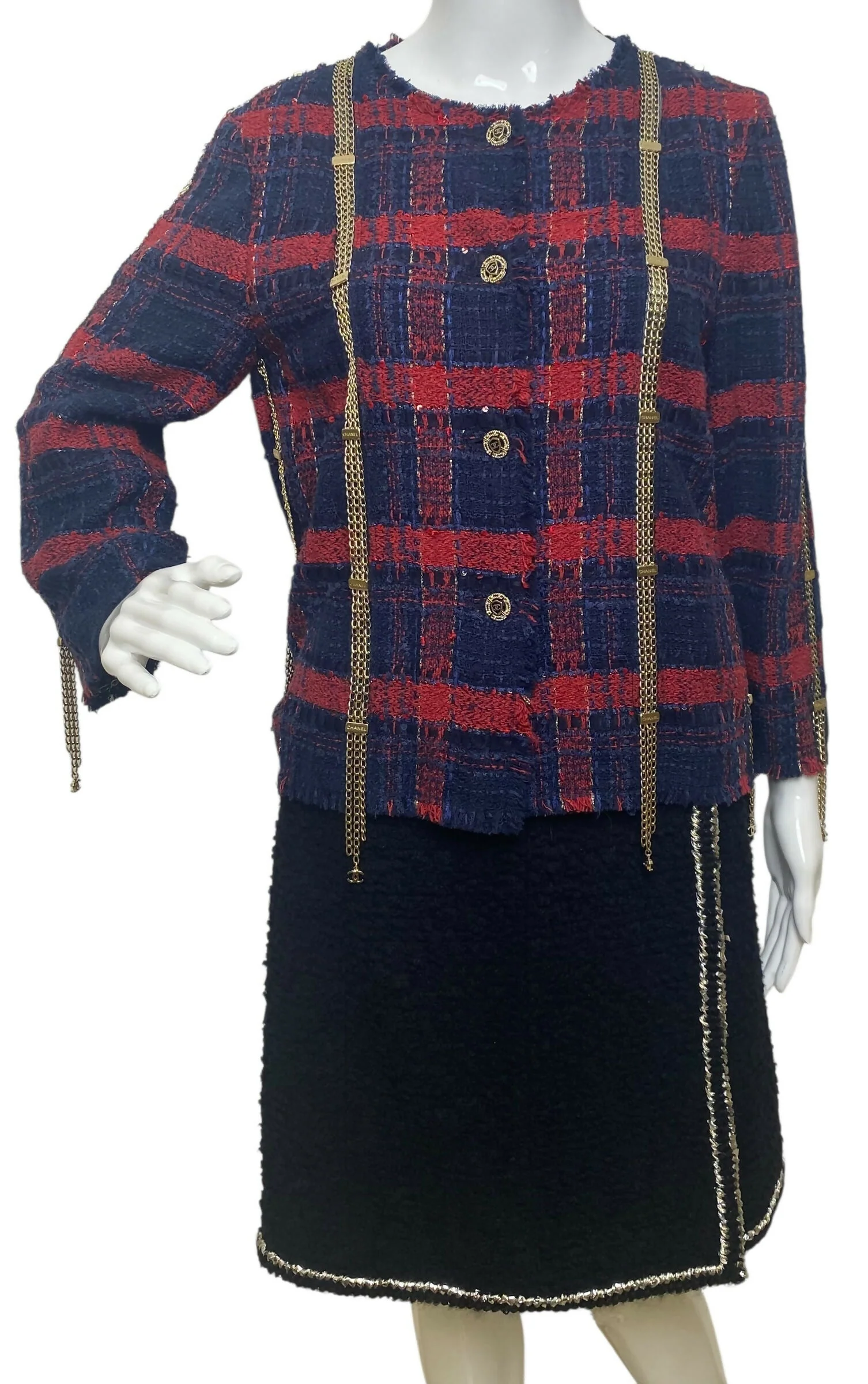 RARE CHANEL 08P RUNWAY BLUE RED GOLD CC CHAINS TWEED JACKET FR 44 - Image 8