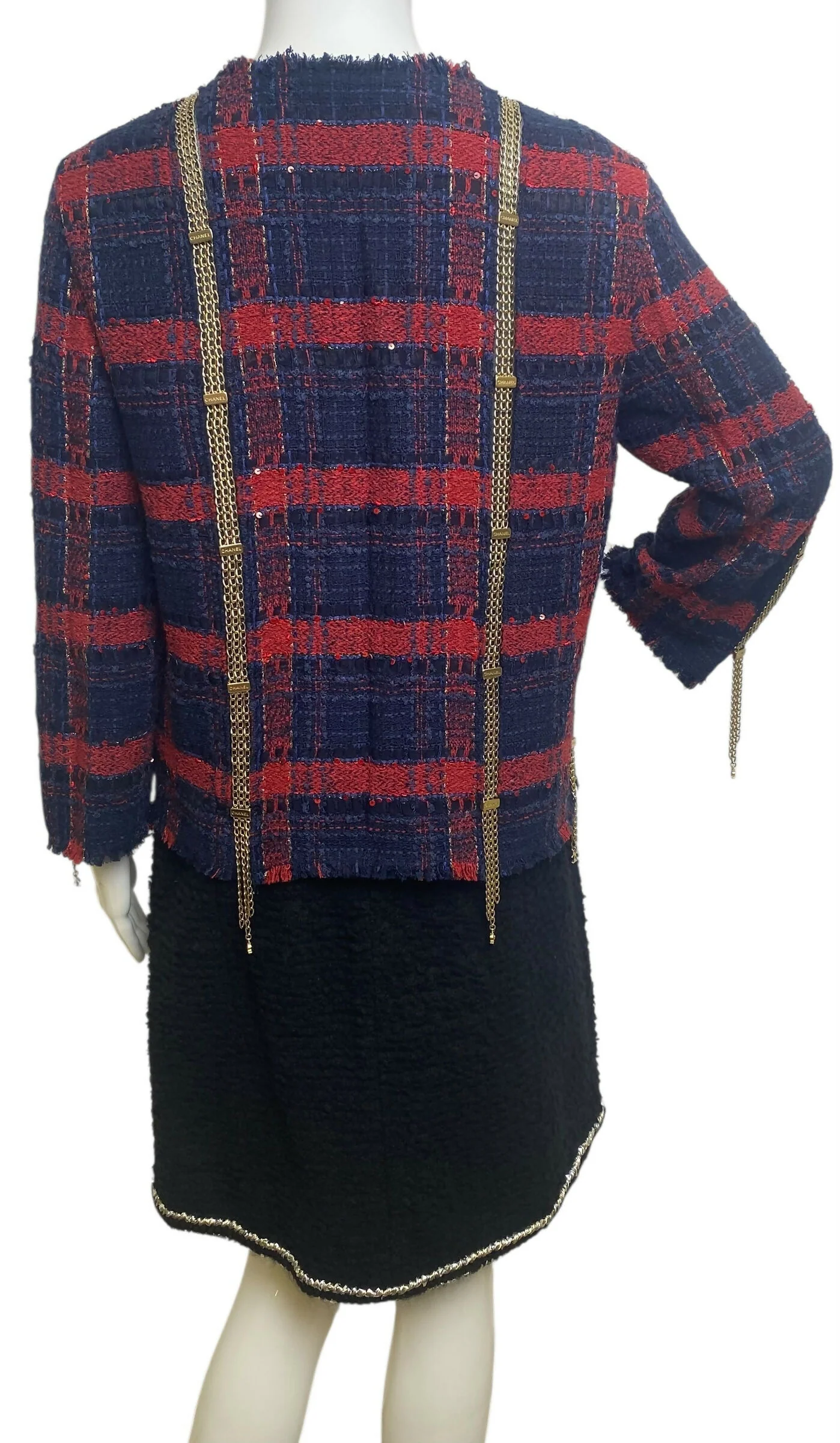 RARE CHANEL 08P RUNWAY BLUE RED GOLD CC CHAINS TWEED JACKET FR 44 - Image 9