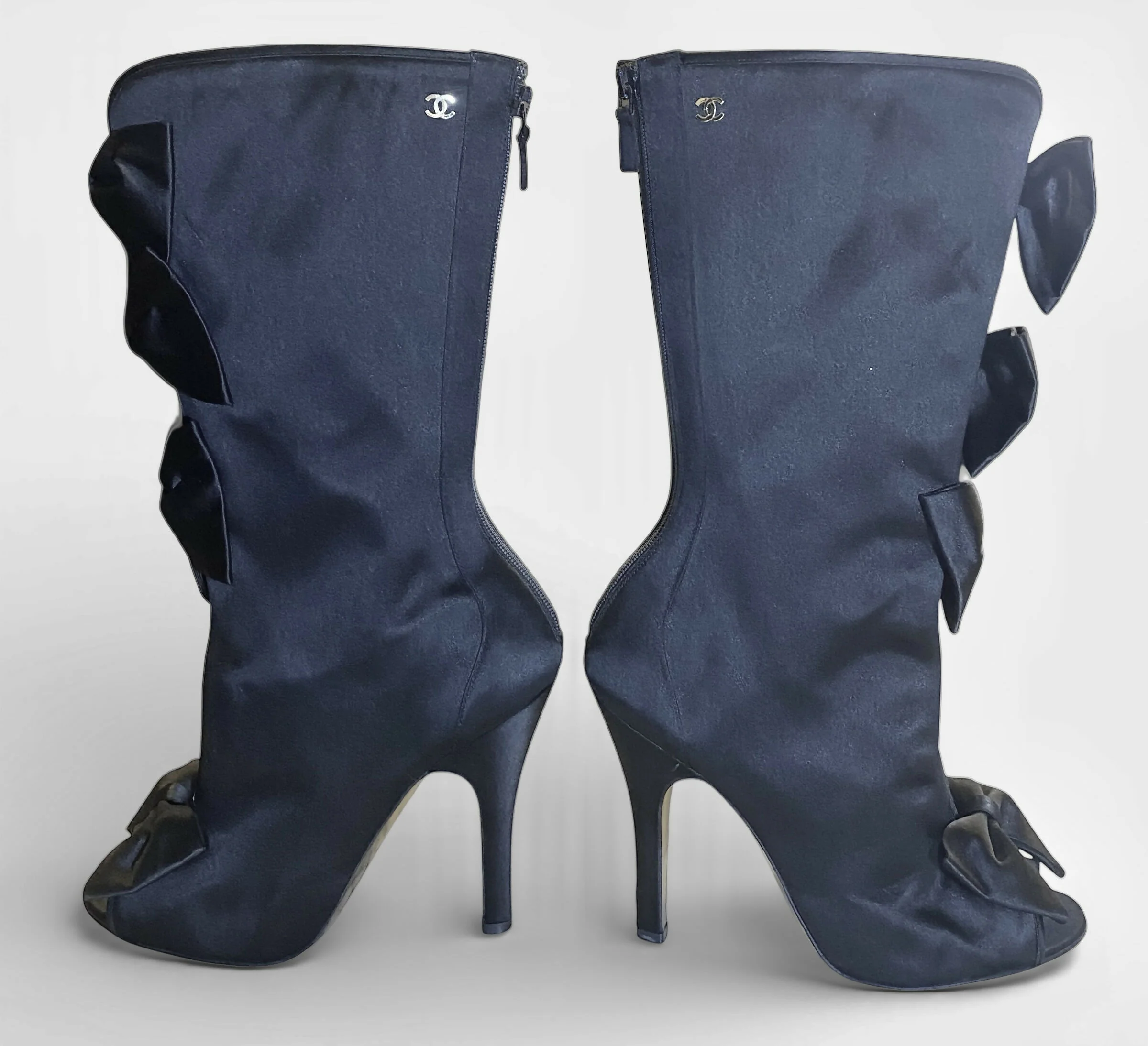 Rare Chanel 09P Black Satin CC Bow Mid Calf Peep Toe Booties Ankle Boot Heels FR 38 - Image 5