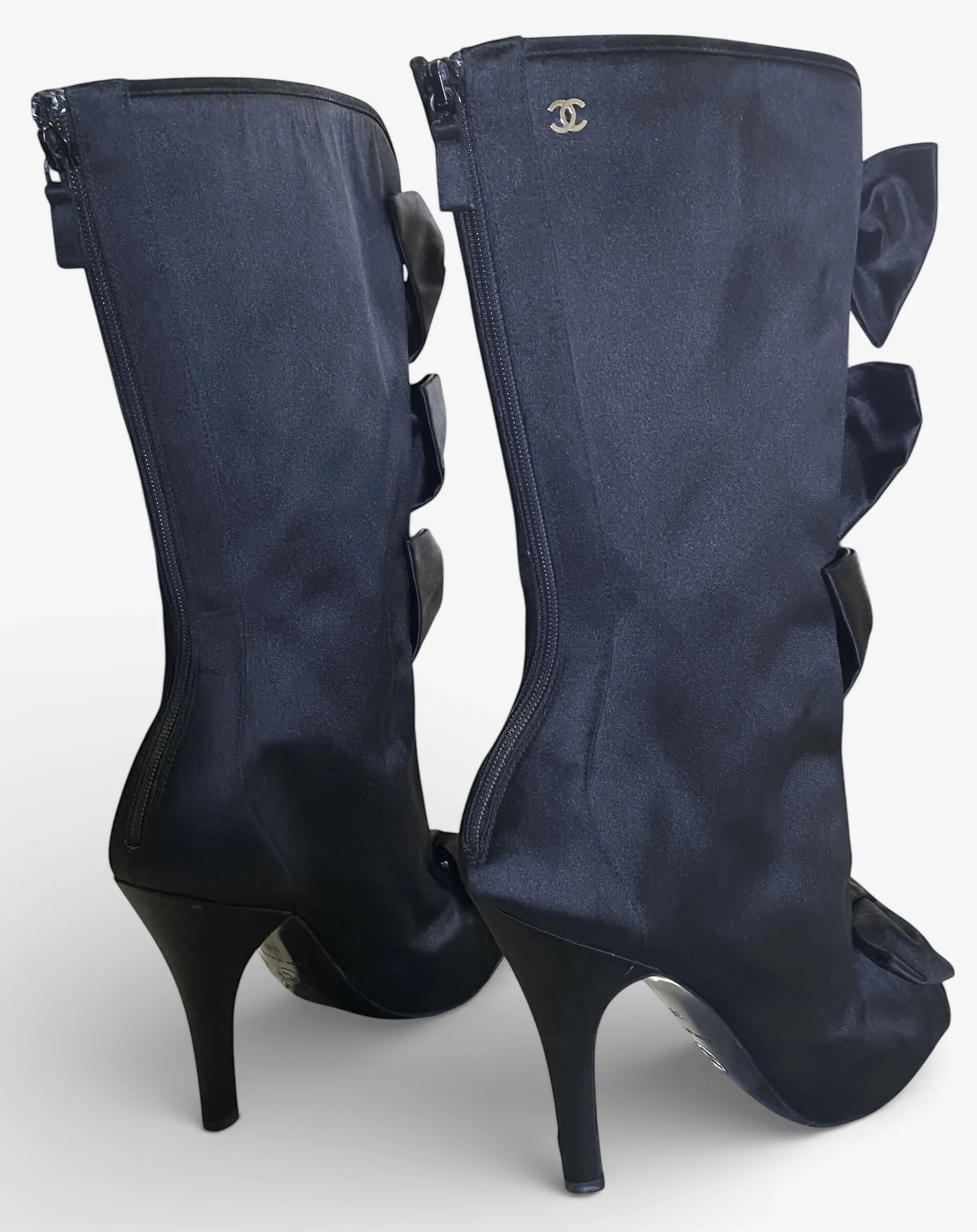 Rare Chanel 09P Black Satin CC Bow Mid Calf Peep Toe Booties Ankle Boot Heels FR 38 - Image 7