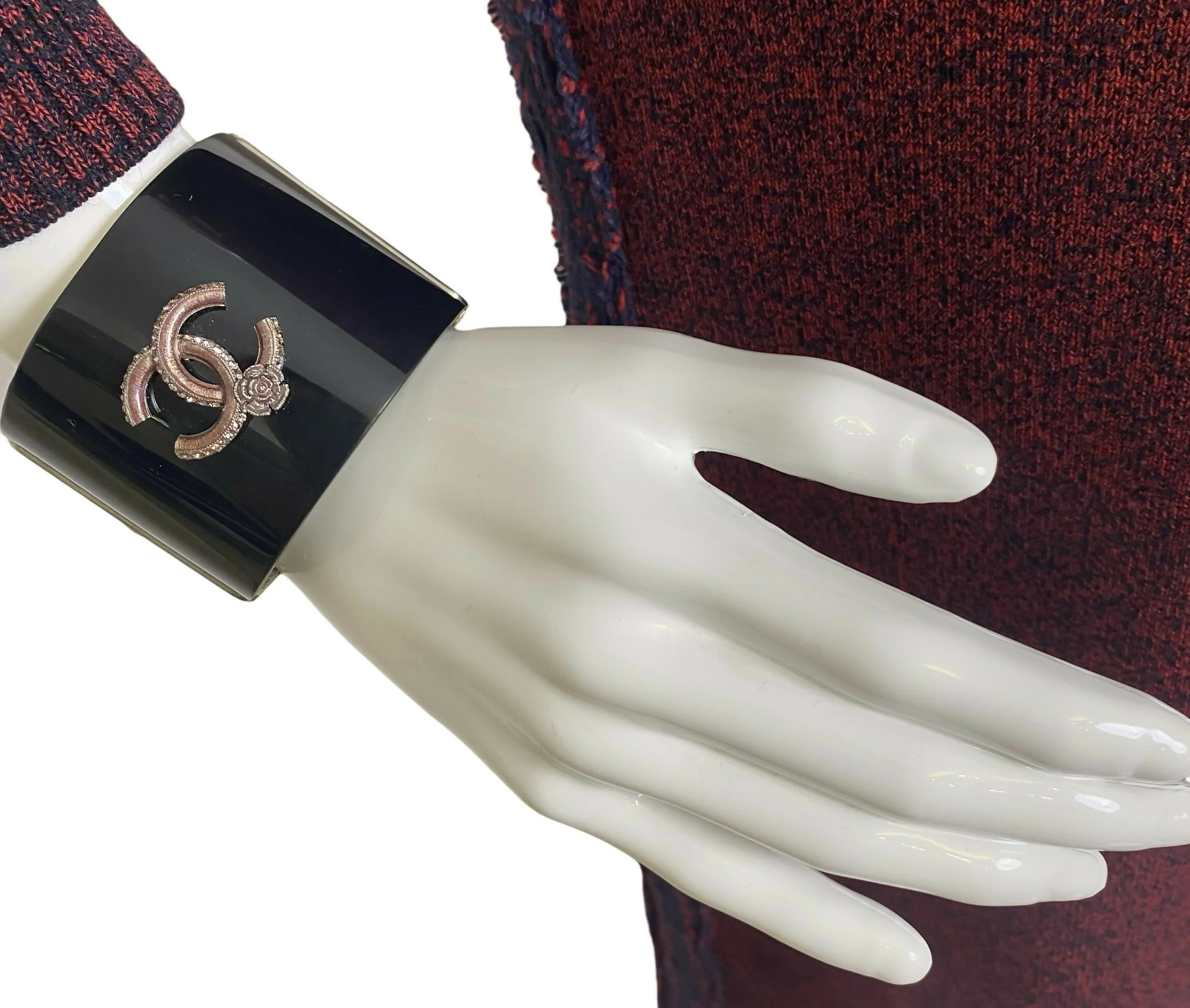 Rare Chanel 12P Black Pink Crystals Camellia Flower Double Sided CC Cuff Bracelet - Image 6