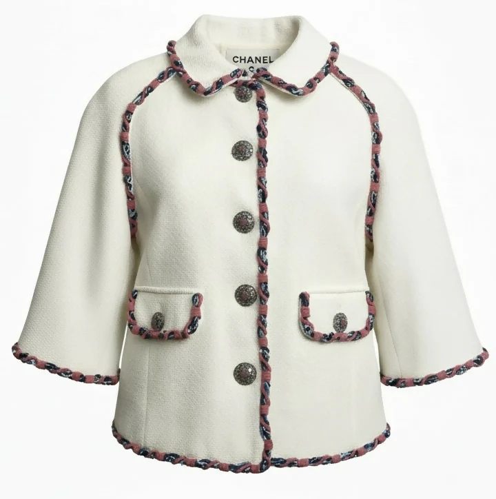 Rare Chanel 15C Dubai Swarovski Crystals White Multicolor Braided Trim Short Jacket FR 38