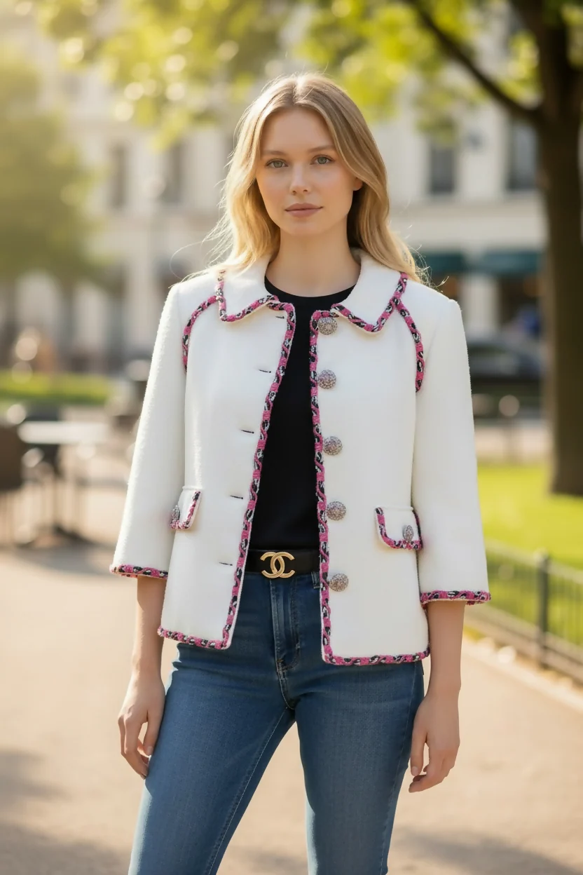 Rare Chanel 15C Dubai Swarovski Crystals White Multicolor Braided Trim Short Jacket FR 38 - Image 3