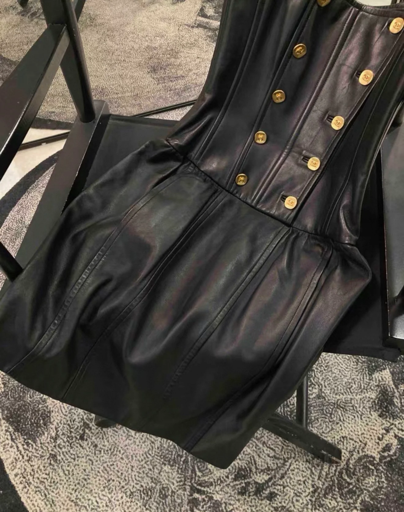 Rare Chanel 1993 Black Leather Dress with Gold Chain, FR36 - Image 3