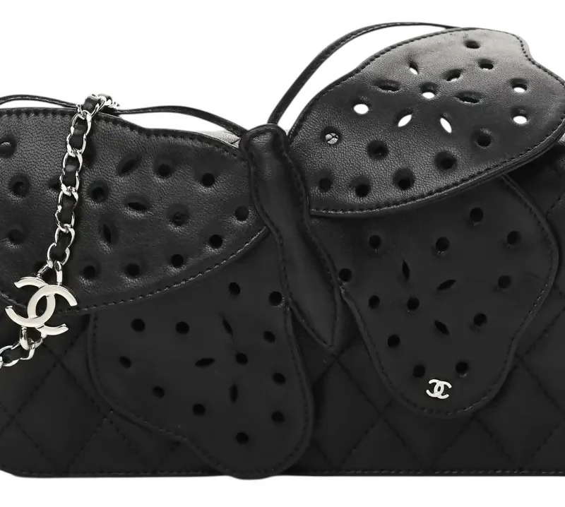 Rare Chanel 2011 Lambskin Black Butterfly Ornament Clutch Crossbody Flap Bag - Image 2