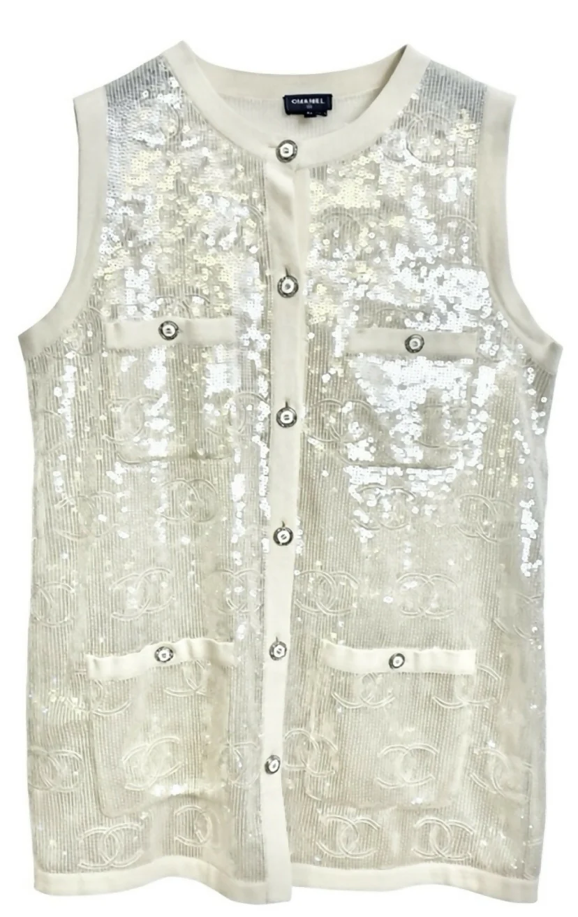 Rare Chanel 22S CC Iridescent Sequin Cream Mini Dress Cardigan Vest FR 40