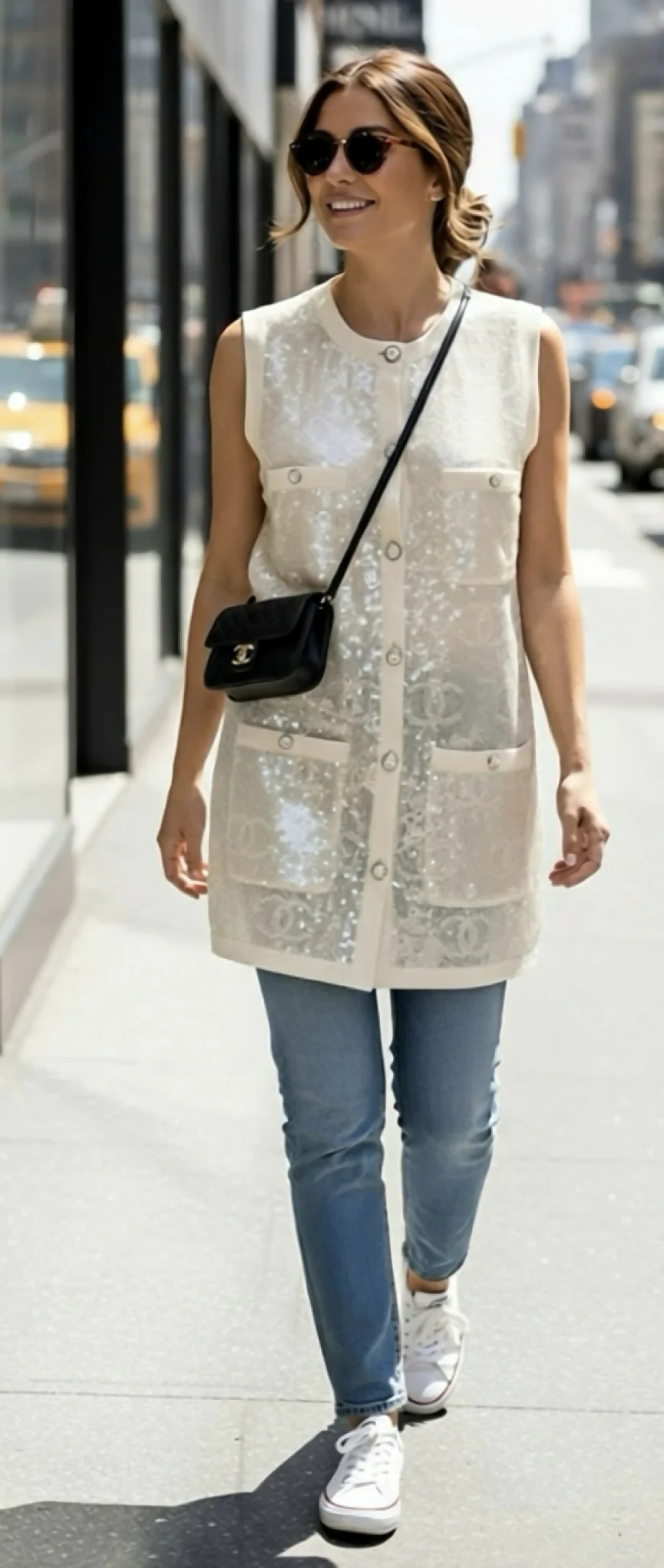 Rare Chanel 22S CC Iridescent Sequin Cream Mini Dress Cardigan Vest FR 40 - Image 10