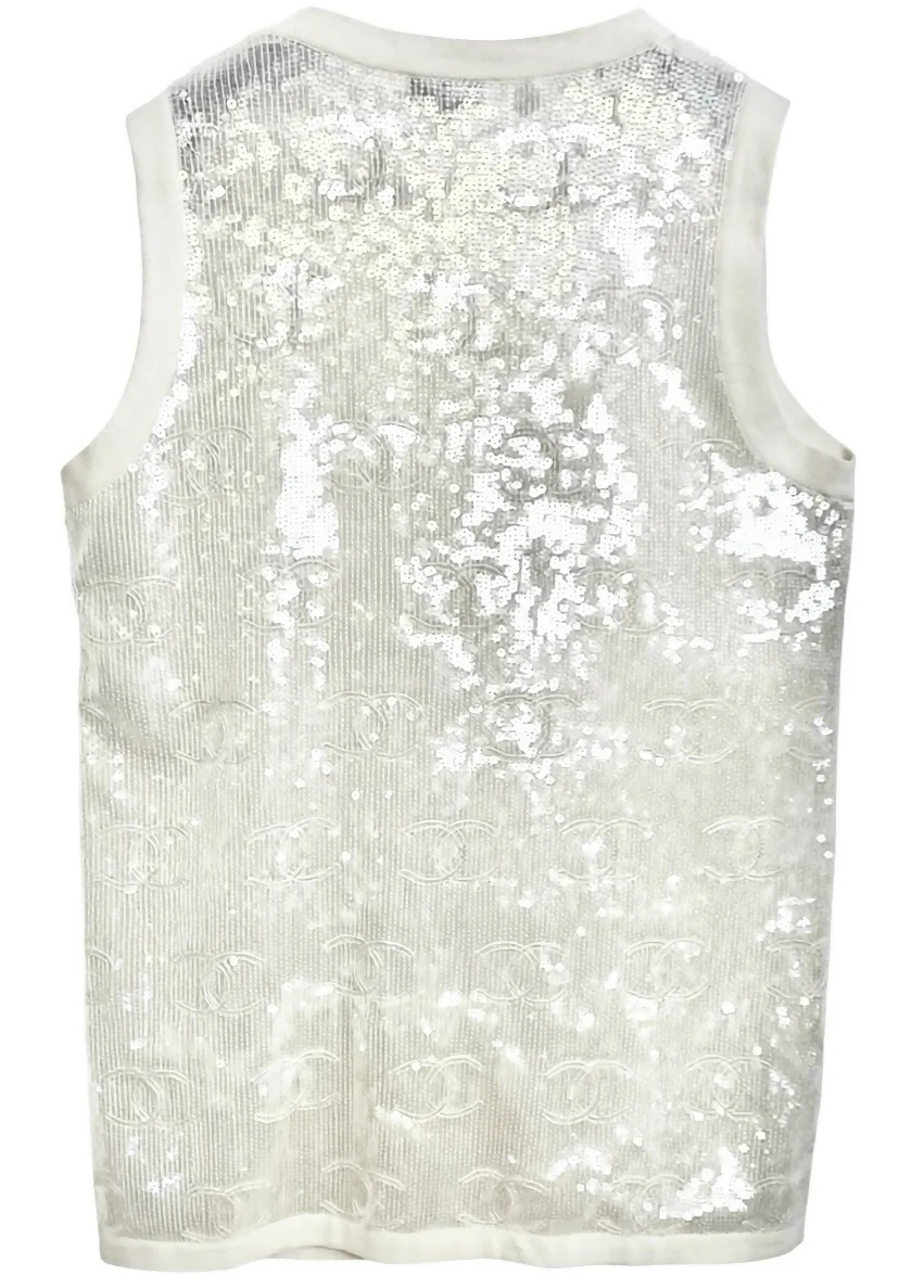 Rare Chanel 22S CC Iridescent Sequin Cream Mini Dress Cardigan Vest FR 40 - Image 6