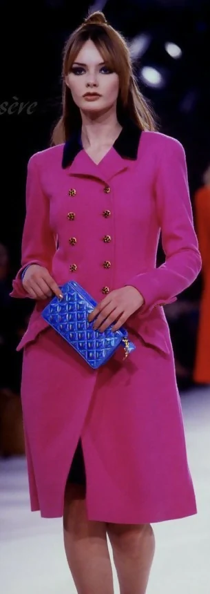 Rare Chanel 96A Vintage Pink & Burgundy Velvet Trim Gripoix Double Breasted Coat FR 38 - Image 2