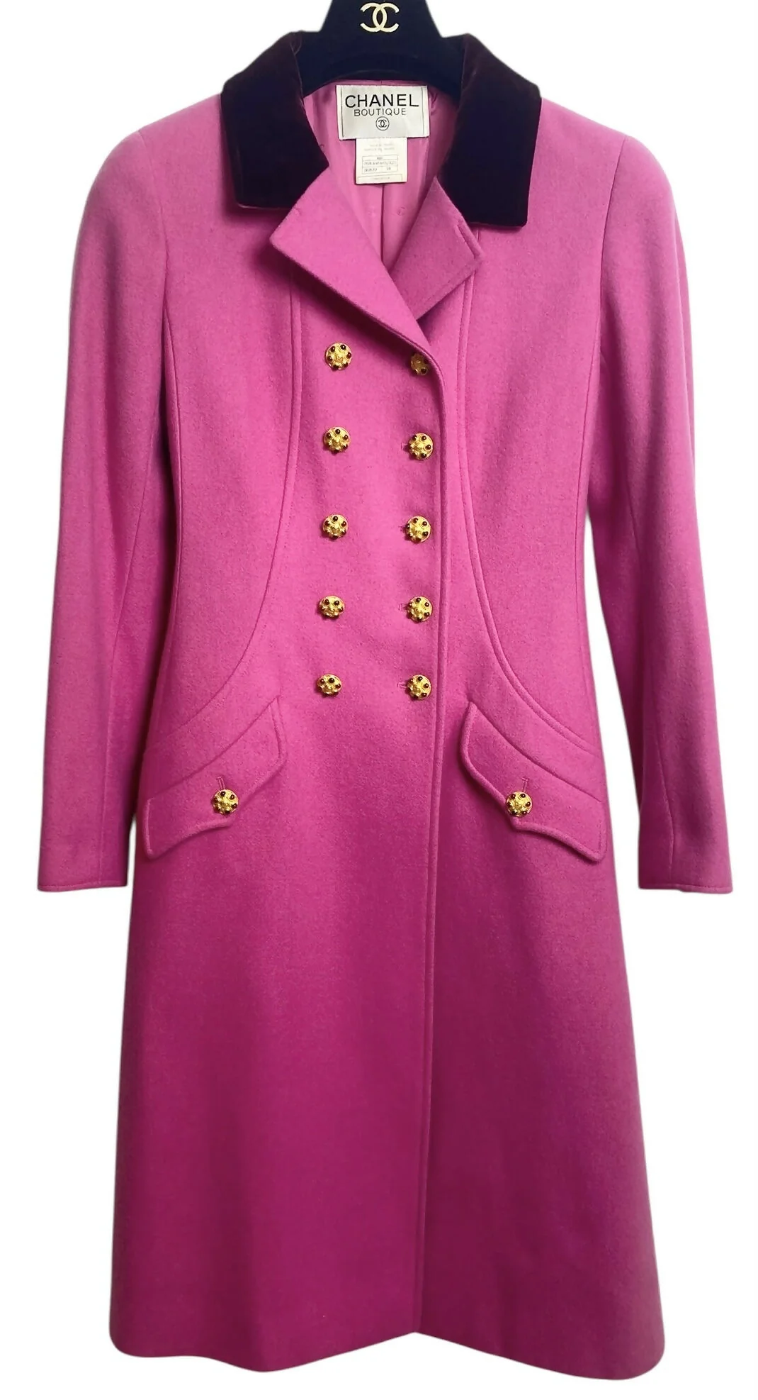 Rare Chanel 96A Vintage Pink & Burgundy Velvet Trim Gripoix Double Breasted Coat FR 38 - Image 3