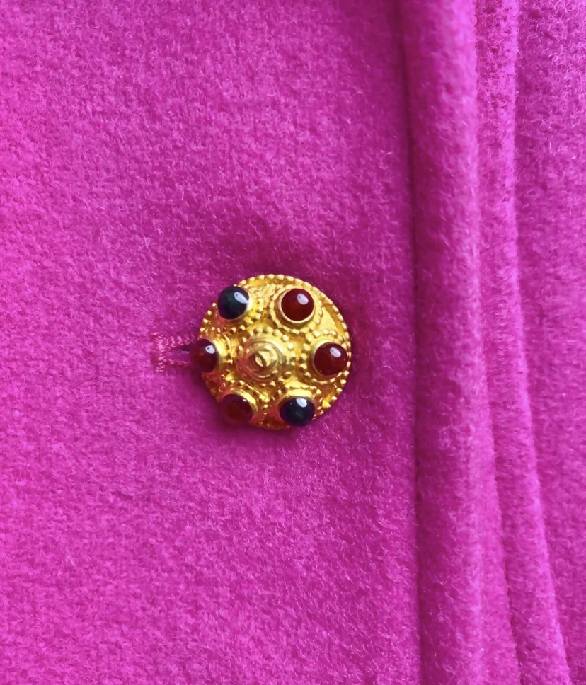 Rare Chanel 96A Vintage Pink & Burgundy Velvet Trim Gripoix Double Breasted Coat FR 38 - Image 5