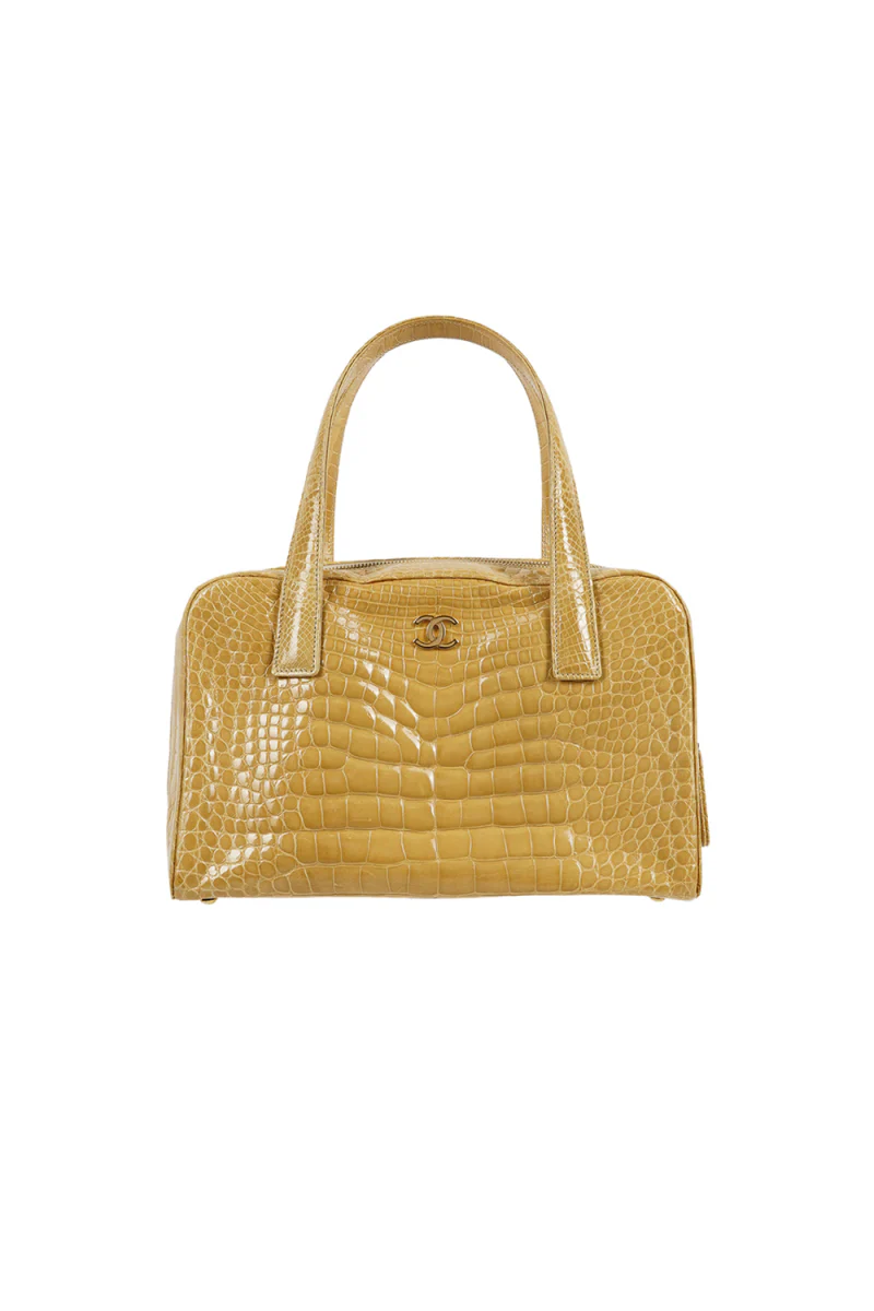 rare chanel gold beige crocodile leather shoulder tote bag