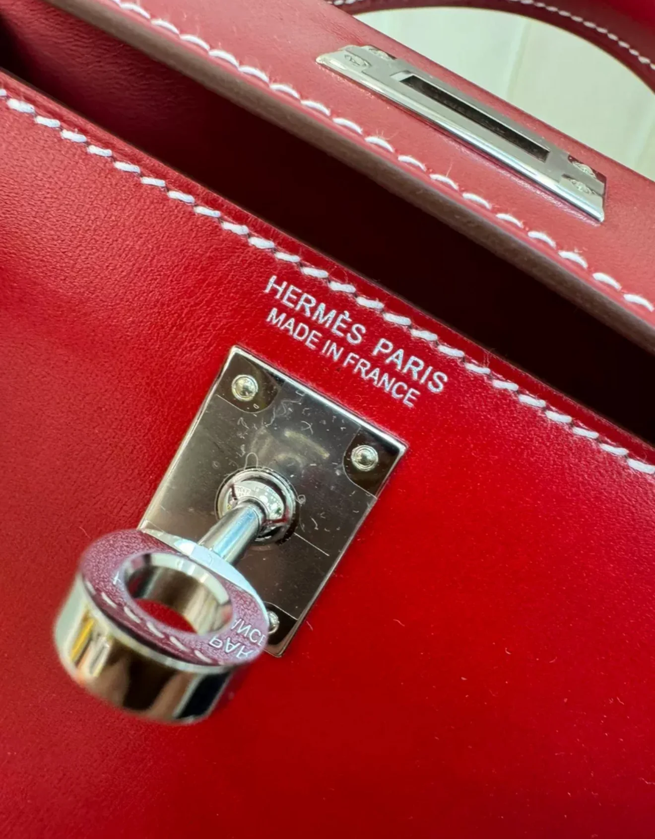 Rare Hermès Mini Kelly Ferrari red box leather with white stitching palladium hardware - Image 3