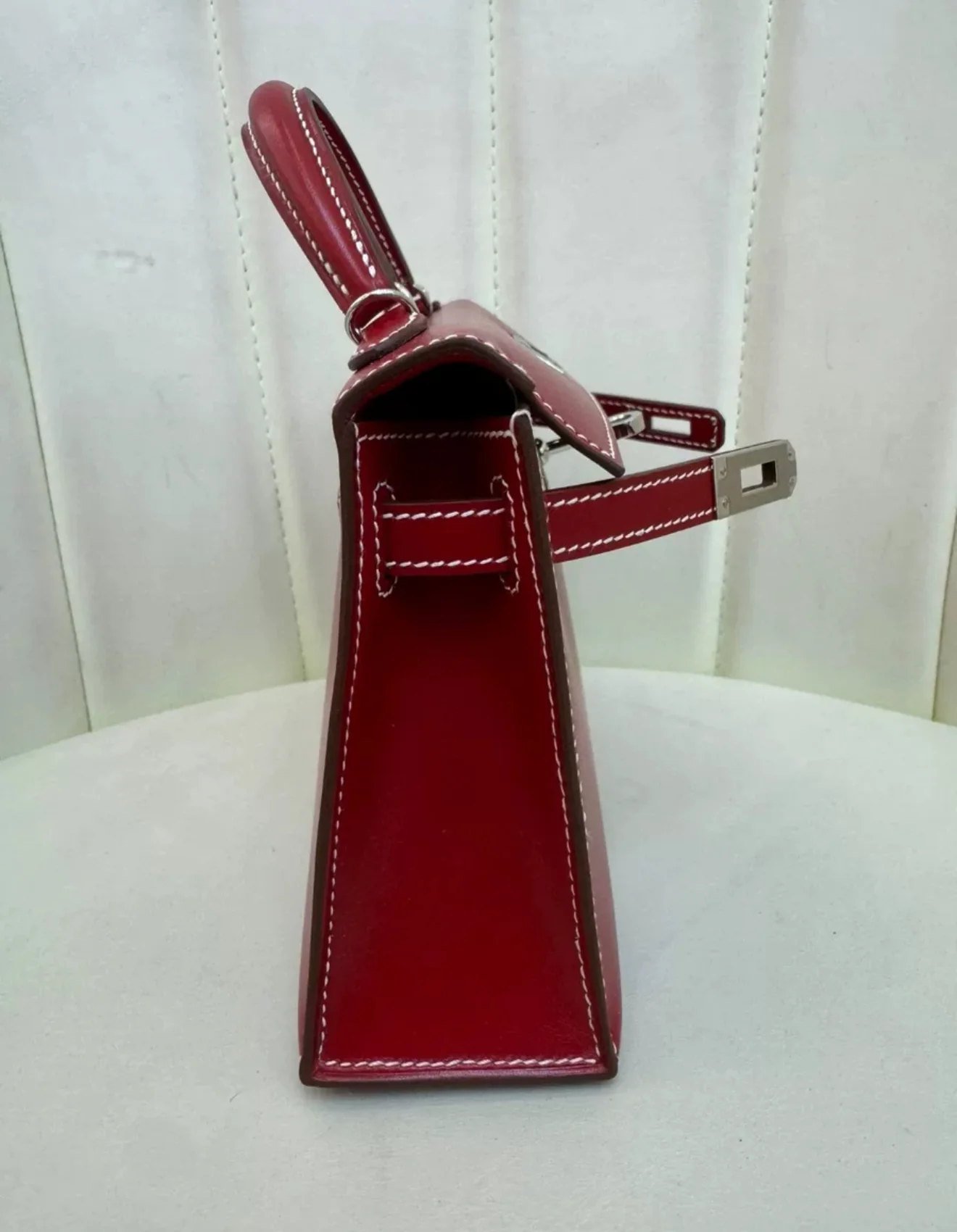 Rare Hermès Mini Kelly Ferrari red box leather with white stitching palladium hardware - Image 6