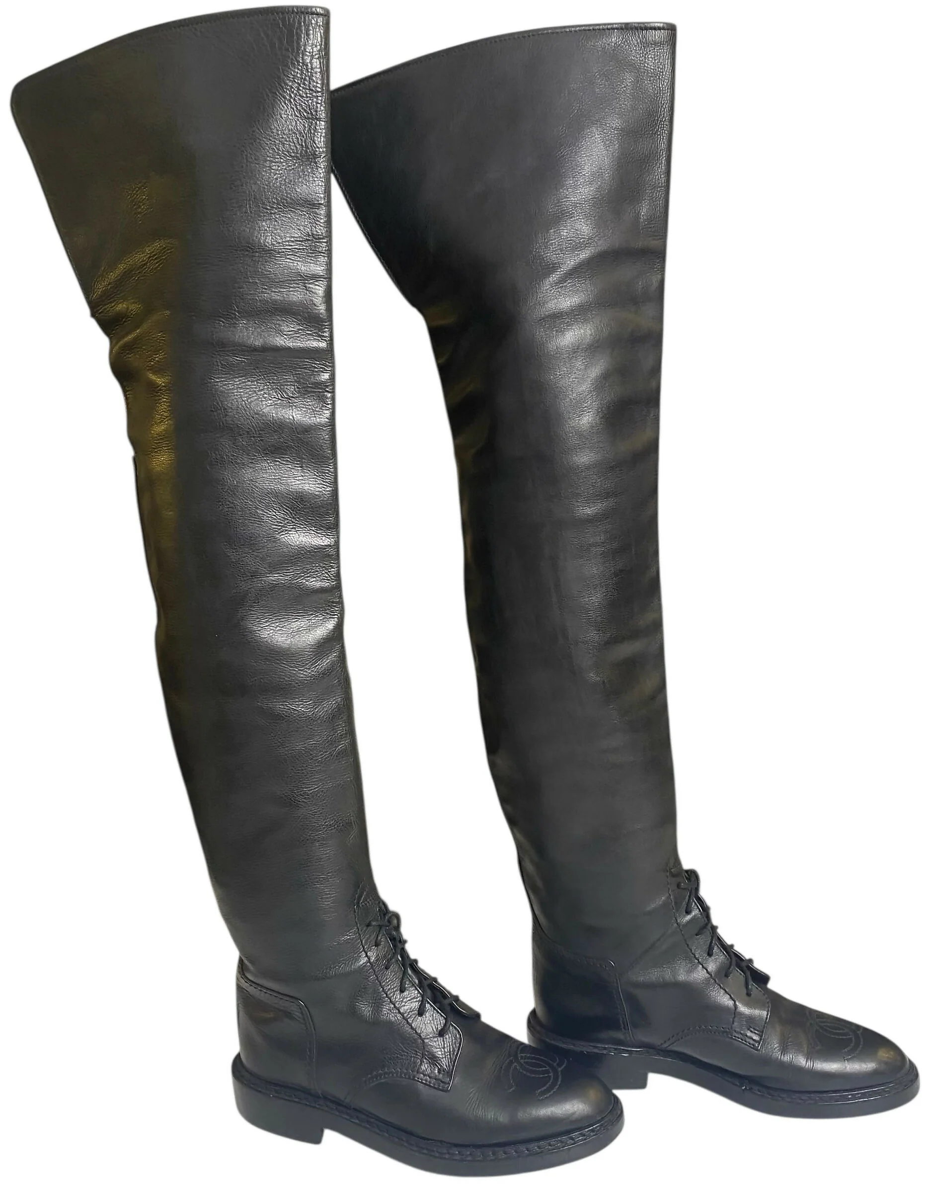 Rare Vintage Chanel 90s Claudia Schiffer Black Leather CC Riding Boots EU 36 (fits 37)