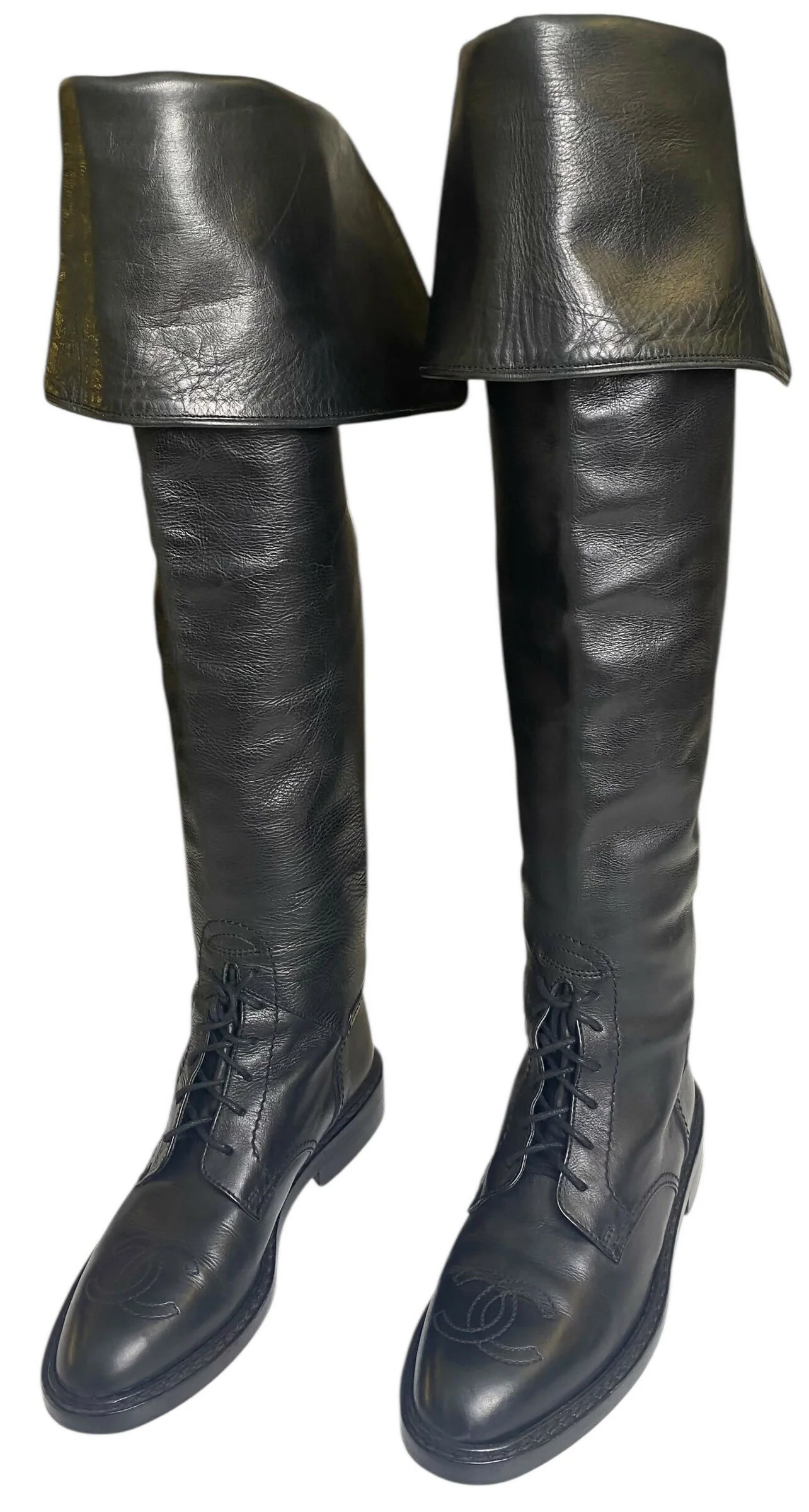Rare Vintage Chanel 90s Claudia Schiffer Black Leather CC Riding Boots EU 36 (fits 37) - Image 2