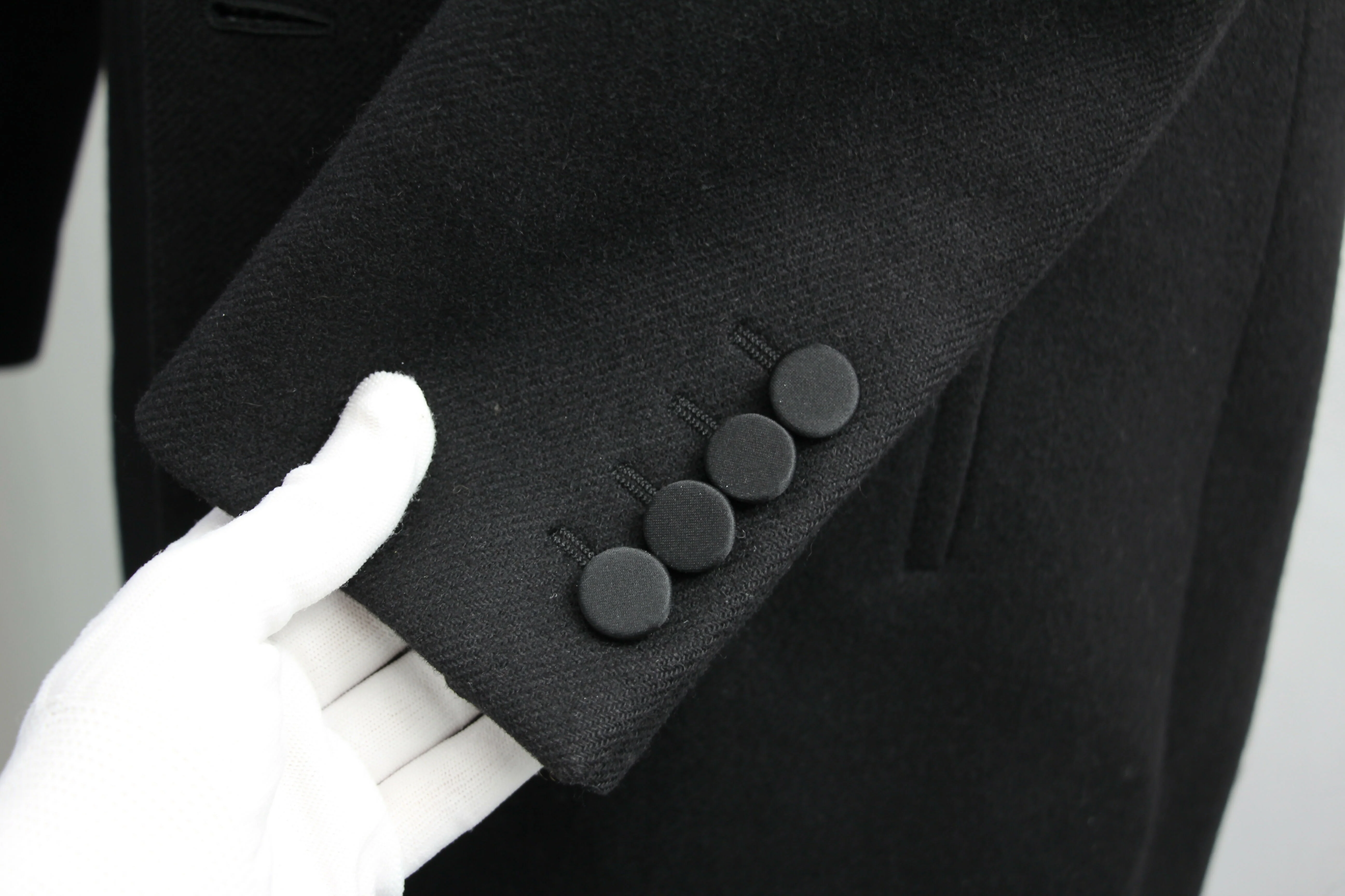 Saint Laurent Black Tuxedo Coat In Grain De Poudre + Saint Laurent YSL Logo Twisted Stripe Texture Brooch - Image 5