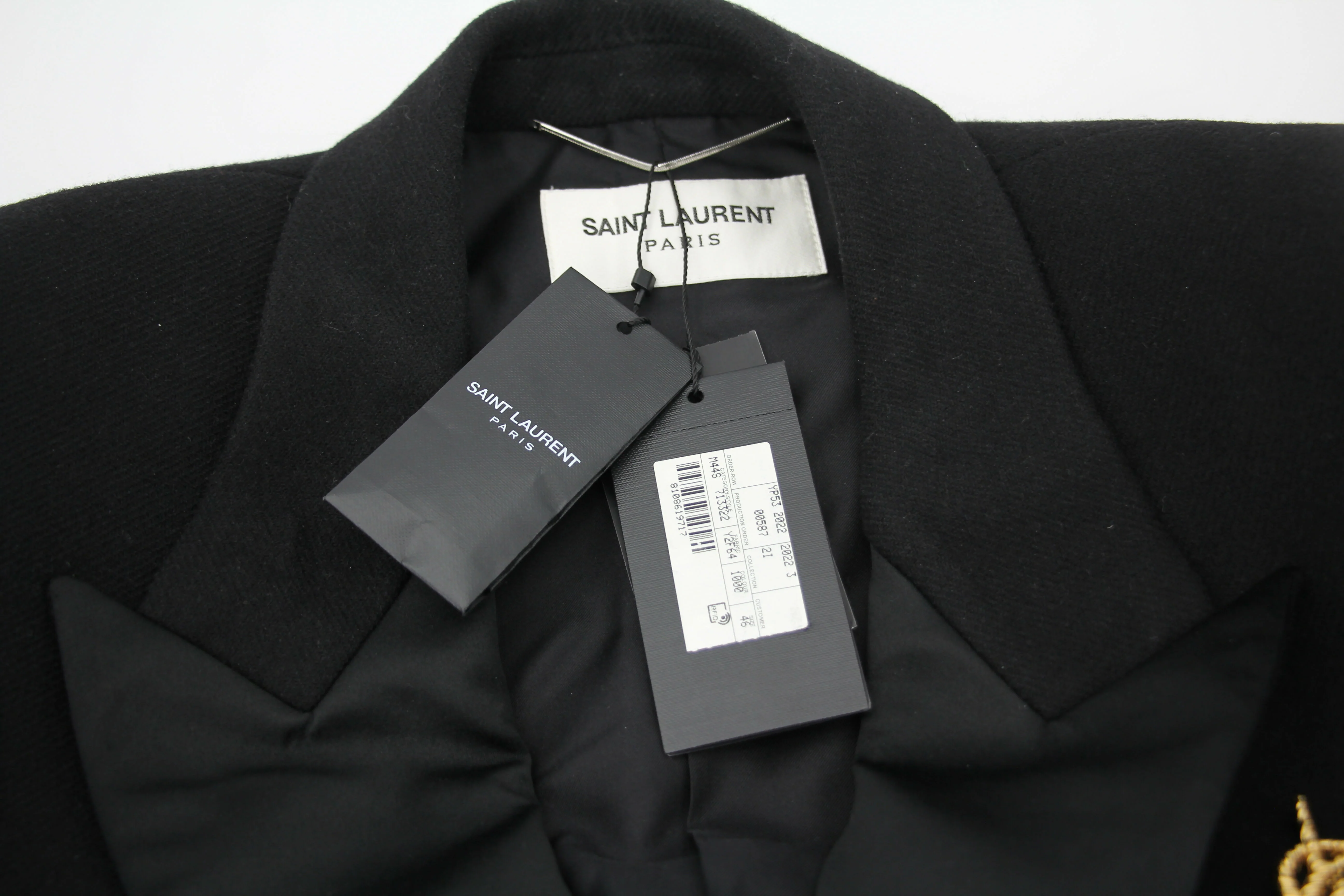Saint Laurent Black Tuxedo Coat In Grain De Poudre + Saint Laurent YSL Logo Twisted Stripe Texture Brooch - Image 6