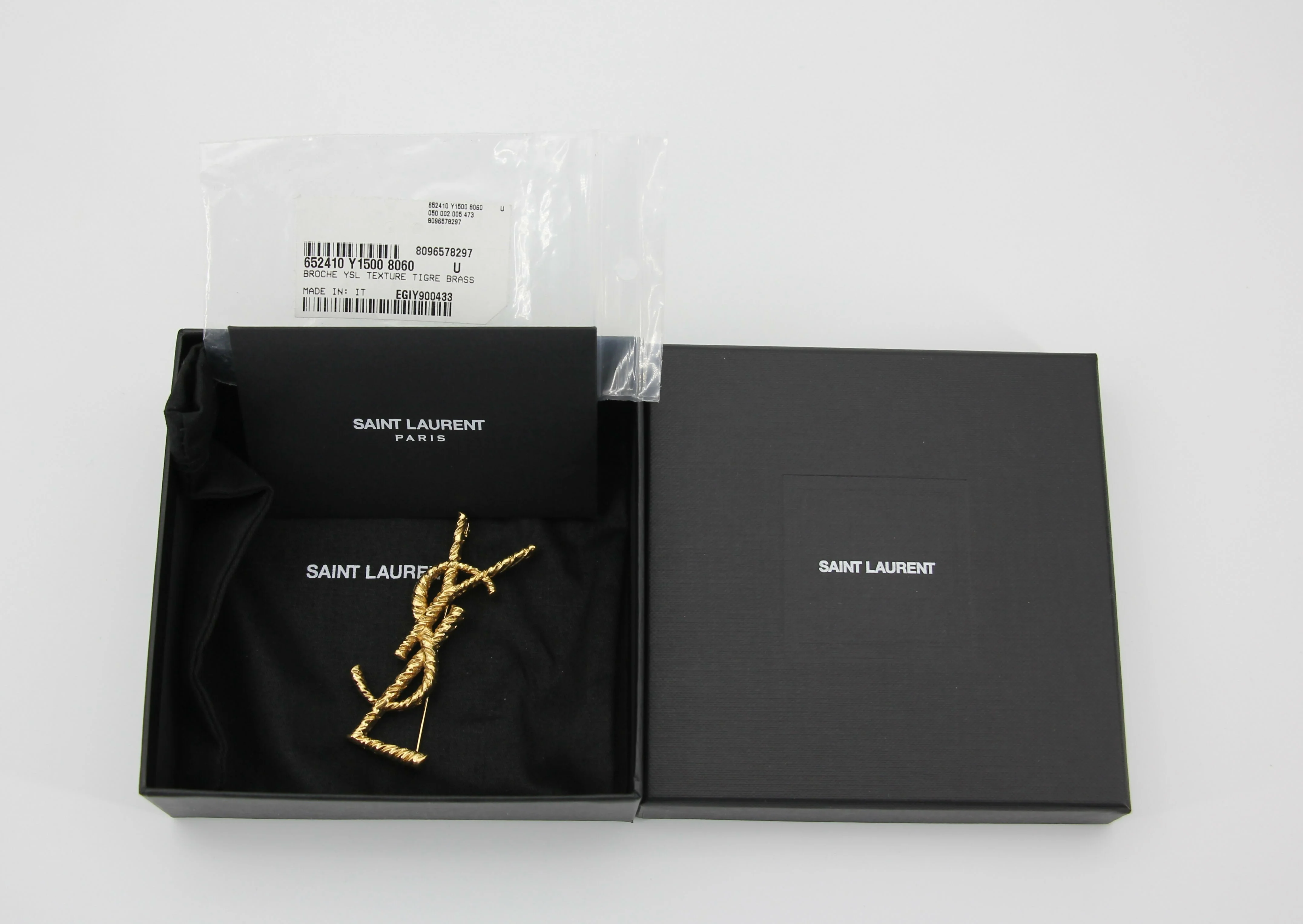 Saint Laurent Black Tuxedo Coat In Grain De Poudre + Saint Laurent YSL Logo Twisted Stripe Texture Brooch - Image 8