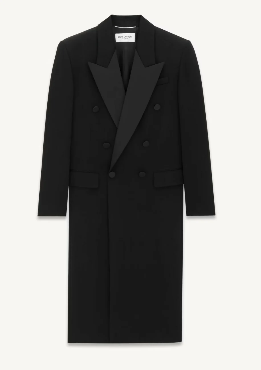Saint Laurent Black Tuxedo Coat In Grain De Poudre + Saint Laurent YSL Logo Twisted Stripe Texture Brooch - Image 9
