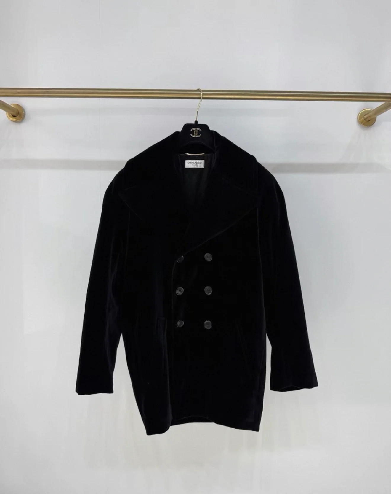 Saint Laurent rhinestone logo black velvet coat - Image 2