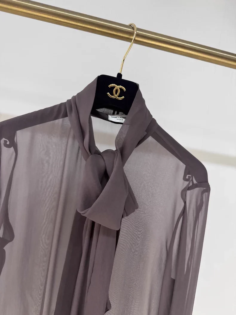 Saint Laurent 2024 Fall/Winter Silk Sheer Long-Sleeved Shirt with Ribbon, - Image 2