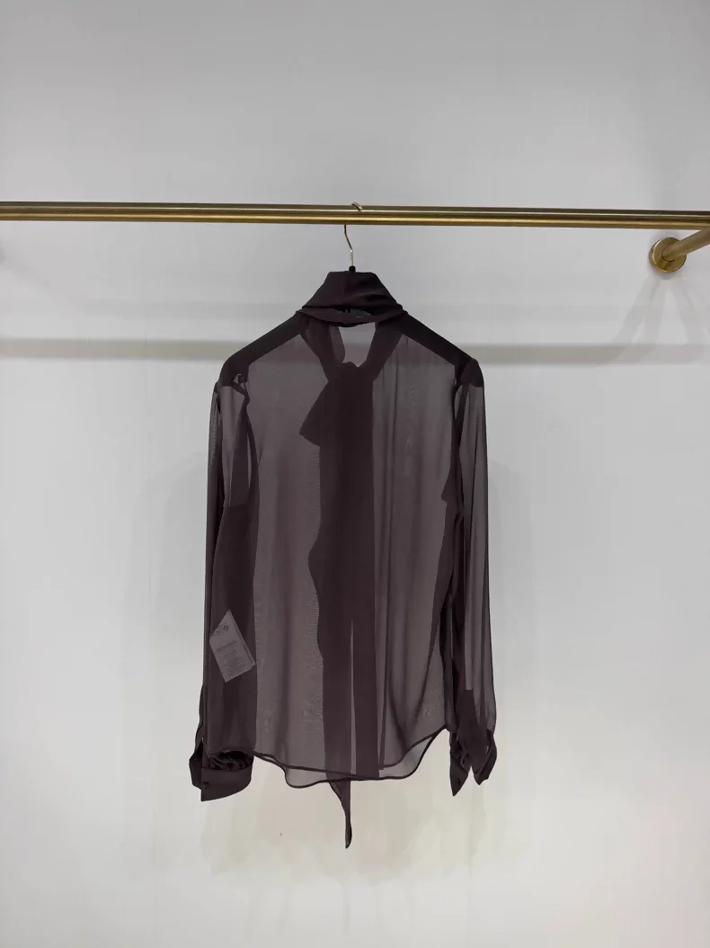 Saint Laurent 2024 Fall/Winter Silk Sheer Long-Sleeved Shirt with Ribbon, - Image 3