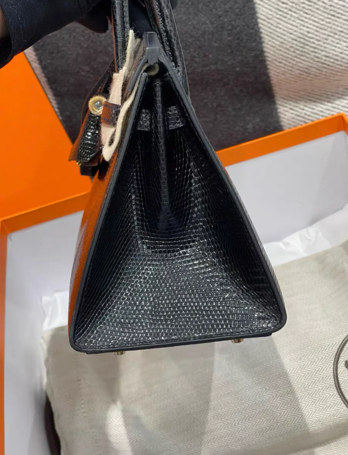 HERMÈS BIRKIN 20 SELLIER BLACK SHINY LIZARD GOLD HARDWARE - Image 5
