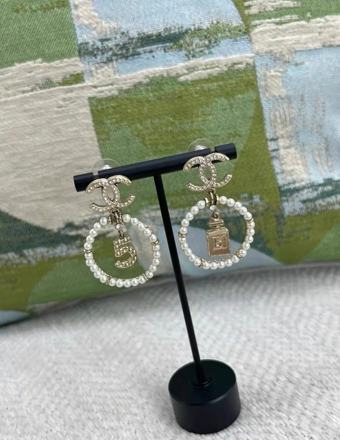 Chanel No.5 Perfume Rhinestone CC Pearl Circle Hanging Earrings - Image 3