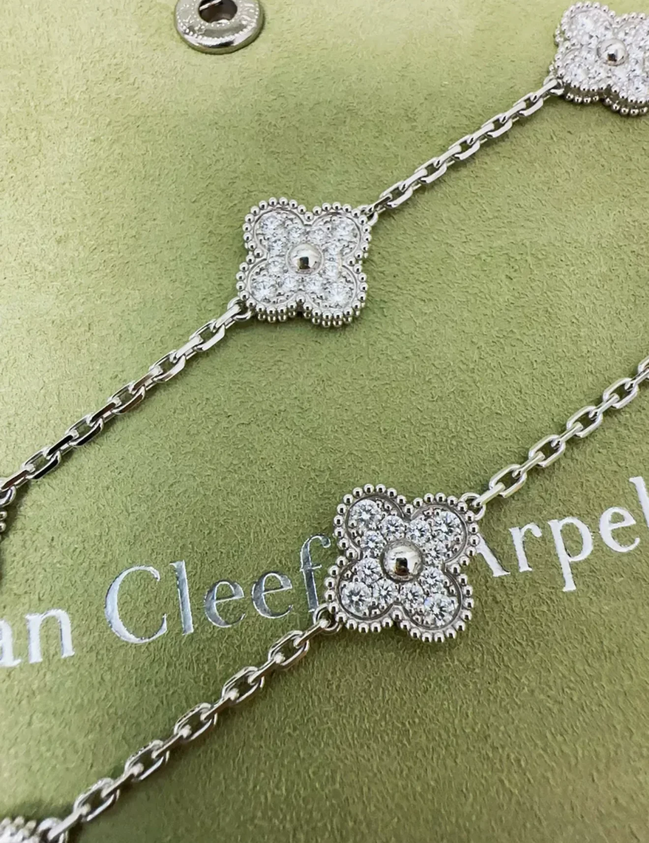 Van Cleef & Arpels 18k White Gold Diamond Set Vintage Alhambra Necklace - Image 5