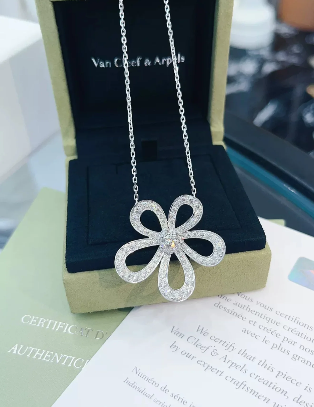 Van Cleef & Arpels White Gold and Diamond Flowerlace Pendant Necklace